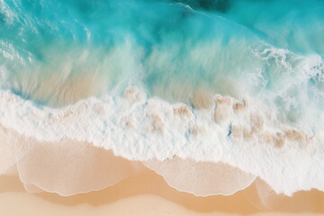 Relaxing aerial beach scene, summer vacation holiday template banner. Waves surf with amazing blue ocean lagoon, sea shore, coastline. Perfect aerial drone top view. Peaceful bright beach, seaside