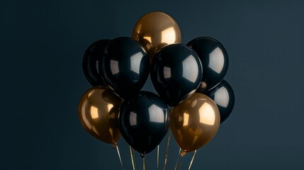 A lively celebration: gold and black helium balloons sparkle on a navy background. Suitable for birthdays, New Years, parties, weddings, Valentine's Day and celebration occasions.