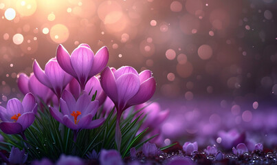 Floral Harmony: Vector Style Crocus with Bokeh Lights and Creative Space for Text.