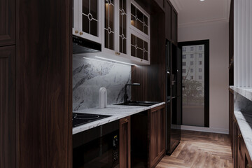 Modern kitchen interior with wooden stuff and technology, texture tiles floor, 3D rendering