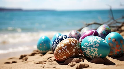 Foto op Plexiglas colorful easter eggs on the beach in easter holidays © tetxu