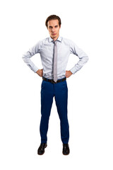 Businessman with hands on hips, in shirt and trousers, isolated on white. Ready for action