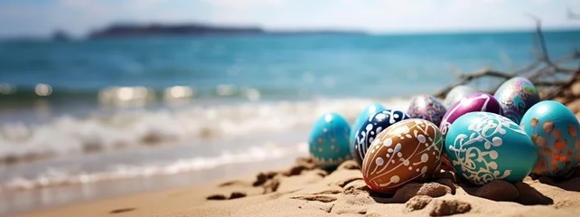 Foto op Plexiglas colorful easter eggs on the beach in easter holidays © tetxu