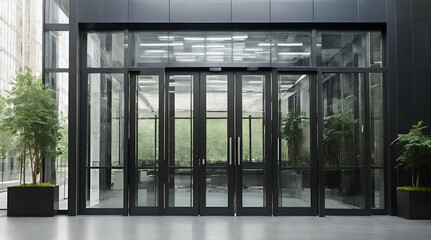 Abstract Urban Design Showcasing Sleek Steel Structure And Glass Doors In Office Building, Copy Space. Сoncept Tech Gadgets For Productivity, Nature Photography, Healthy . generative.ai