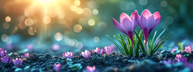 Fotobehang Spring Blooming: Vector Illustration of Crocus with Bokeh Background and Sun Rays. © oraziopuccio