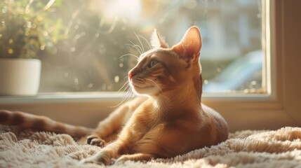 Tranquil Abyssinian Cat Enjoying Warm Sunlight by the Window - obrazy, fototapety, plakaty