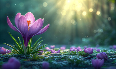 Spring Blooming: Vector Illustration of Crocus with Bokeh Background and Sun Rays.