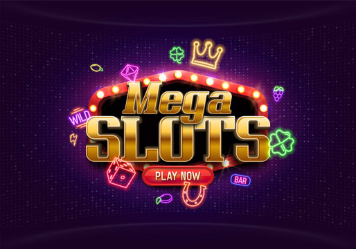 Mega Slots. Casino banner with neon gaming symbols on a bright background. Vector illustration.