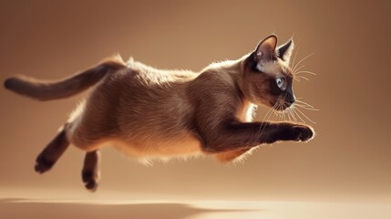 Agile Siamese Cat in Mid-Jump Against Warm Background