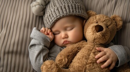 Fototapeta na wymiar Sleeping Newborn Embraced by Teddy Bear in Knit Hat.
