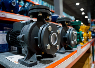 Industrial water pump with electric motor for community on a store shelf