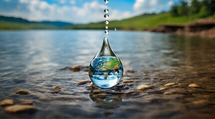A drop of water falling into a lake with clean drinking water, background for World Water Day and concern for the ecology of the planet. generative.ai