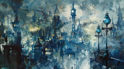 Obraz na płótnie Canvas Great white city, oil painting, impressionist, steampunk city, arcane, Piltover, Zaun, Blue lamposts, concept art
