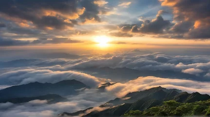 Fotobehang A breathtaking landscape in Taiwan. This was taken on top of a mountain. The clouds formation is vast and dramatic. The sun rises above the thick clouds. The image is calm. generative.ai © Amara