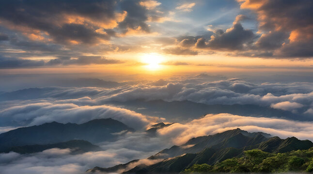 A breathtaking landscape in Taiwan. This was taken on top of a mountain. The clouds formation is vast and dramatic. The sun rises above the thick clouds. The image is calm. generative.ai