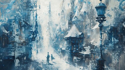 Great white city, oil painting, impressionist, steampunk city, arcane, Piltover, Zaun, Blue lamposts, concept art