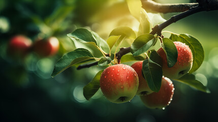 Obraz premium Ripe apples growing on a branch with green leaves in the garden. Sunny day. Bokeh effect. AI generative