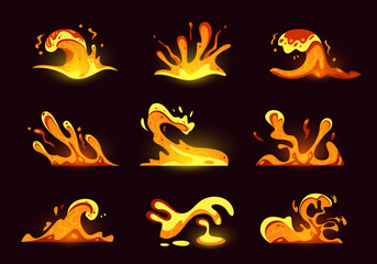 Lava splash game effect. Cartoon magma splash animation, bloody molten blob splash motion graphic for game asset. Vector hot lava in motion set