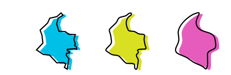 Colombia country black outline and colored country silhouettes in three different levels of smoothness. Simplified maps. Vector icons isolated on white background.