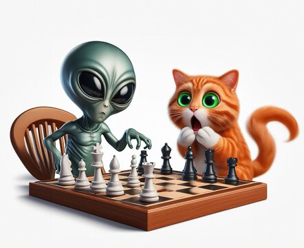 A shocked red cat plays chess with an alien. Created with generative AI tools