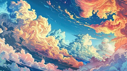 heavenly clouds, comic art, illustration, colorful, curved lines, stylized