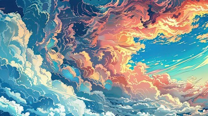 heavenly clouds, comic art, illustration, colorful, curved lines, stylized