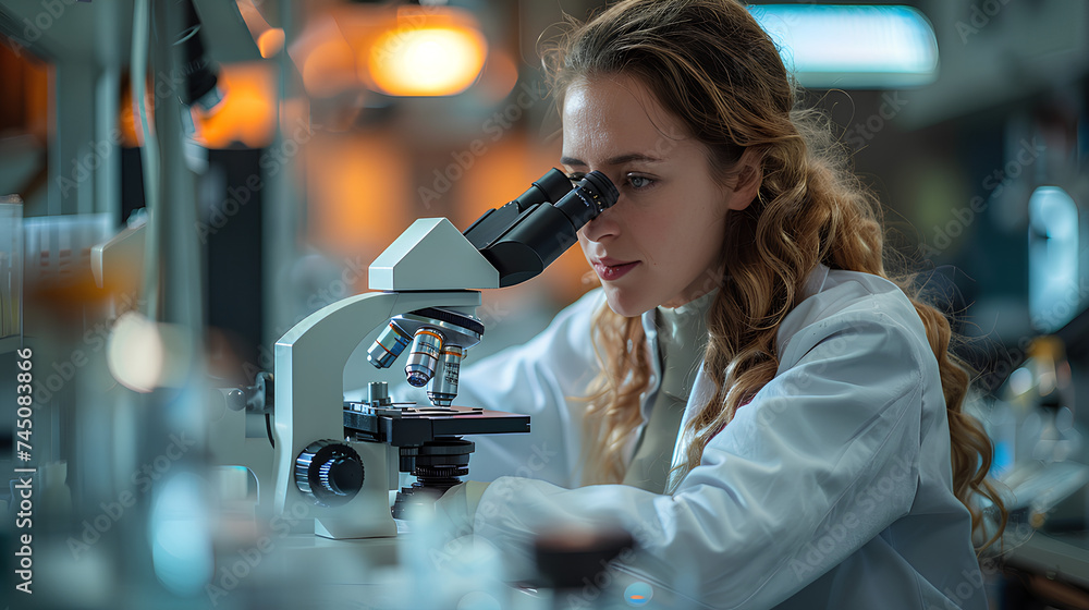 Aufkleber a female scientist using a microscope in micro-pathology lab for check negative diplococci bacteria,