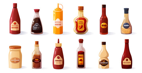 Cartoon sauces. Different ketchup mustard mayo soy sauce, sweet and spicy food condiments in bottles and jars. Vector colorful set