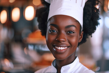 Afro woman wearing chef uniform in luxury hotel restaurant kitchen