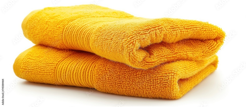 Poster two yellow fabric towels are neatly stacked on top of each other against a clean white background. t