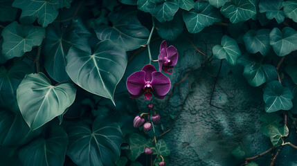 A close-up shot capturing the intricate details of a vibrant purple orchid nestled amidst cascading...