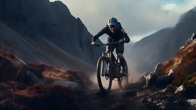 A close-up shot of a mountain biker descending a steep slope, kicking up dirt and gravel against the dramatic Scottish mountain scenery