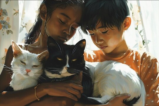 photo of two: beautiful african american woman holding white cat and pensive asian boy holding black cat, indoors - Powered by Adobe
