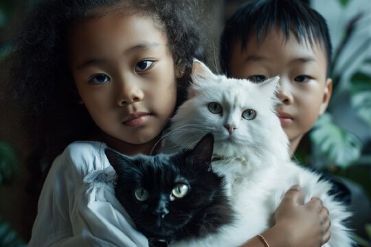 photo of two: beautiful african american woman holding white cat and pensive asian boy holding black cat, indoors