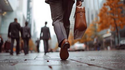 Close Up Leg Shot of a Businessman in a Suit Commuting to the Office on Foot. He's Carrying a Leather Case. Other Managers and Business People Walk Nearby. Cloudy Day on a Downtown Street.