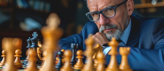 A mature businessman in a suit and glasses deeply focused on playing chess, showcasing his strategic thinking and analytical skills in this intense game. - obrazy, fototapety, plakaty