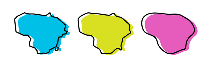 Lithuania country black outline and colored country silhouettes in three different levels of smoothness. Simplified maps. Vector icons isolated on white background.