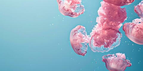 Graceful pink jellyfish floating in a serene blue ocean. digital artwork, suitable for environmental concepts. ideal for backgrounds and nature themes. AI