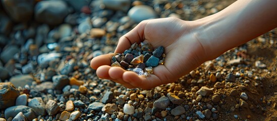 A person is seen holding a variety of rocks in their hand, likely collected while looking for gemstones in the gravel near a mining site. The rocks vary in size, shape, and color.