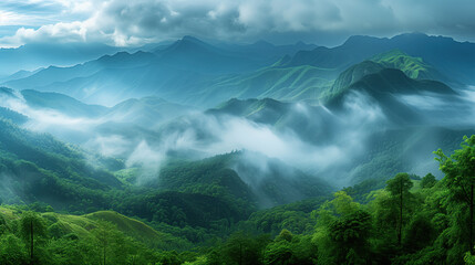 Obraz premium Lush green mountains gracefully enveloped by flowing mist under a cloudy sky.
