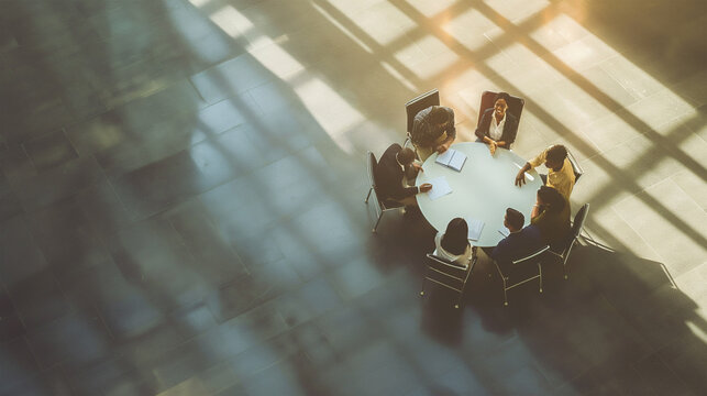 Diverse Corporate Team Meeting Around Table Aerial View, Modern Sunlit Office With Sunlight And Copy Space | Generative AI