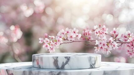 Obraz na płótnie Canvas Marble stone table top with Sakura on blur bokeh background. For display or montage you products. Blank space for beauty product display
