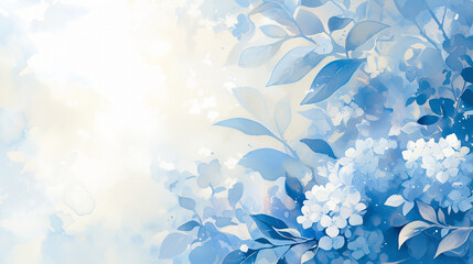 Beautiful background with watercolor hydrangea hortensia illustration with empty copy space. Gentle blue invitation card template.