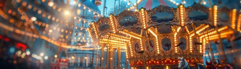 A dreamy, blurred image capturing the glowing lights of a carousel in the evening, conveying a sense of festive magic.