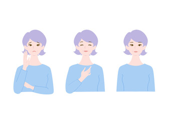 きれいで清潔感のあるシニア女性の悩みと喜びと真顔の上半身イラストセット