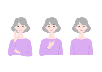 Fototapeta premium きれいで清潔感のあるシニア女性の悩みと喜びと真顔の上半身イラストセット