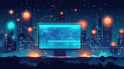2D vector art of Social media with AI, design, dark blue colors, vector art, 2D, minimalism, simplistic, simple colors