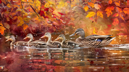 A family of ducks leisurely swimming amidst a backdrop of crimson, amber, and gold foliage, creating a picturesque scene of autumn tranquility