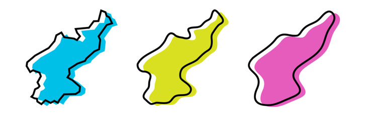 North Korea country black outline and colored country silhouettes in three different levels of smoothness. Simplified maps. Vector icons isolated on white background.