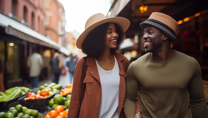 young couple laughing at farmers' marker